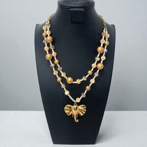 Gold-Tone Double Strand Necklace With Elephant Pendant & Beaded Design